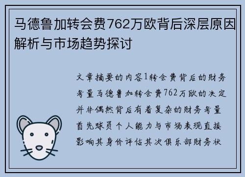 马德鲁加转会费762万欧背后深层原因解析与市场趋势探讨